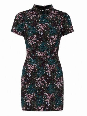 Miss Selfridge Black Mini Dress with Pink & Teal Floral Print